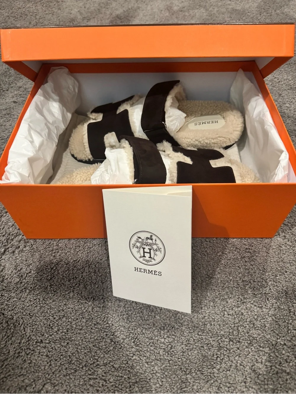 Hermes Shearling Slip-On Slides in Cream and Dark Brown